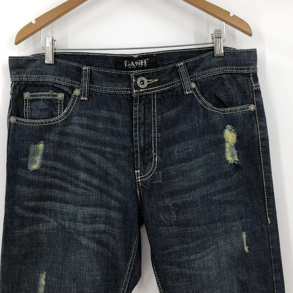 Dash Denim Men's Jeans 36 x 32 Mid Rise Distressed Dark Wash Straight Cotton